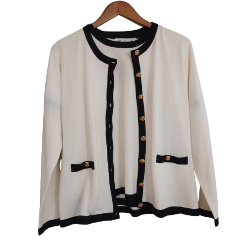 Appleseed's White Cardigan Black Trim Gold Accents Tops Set Classic Traditional